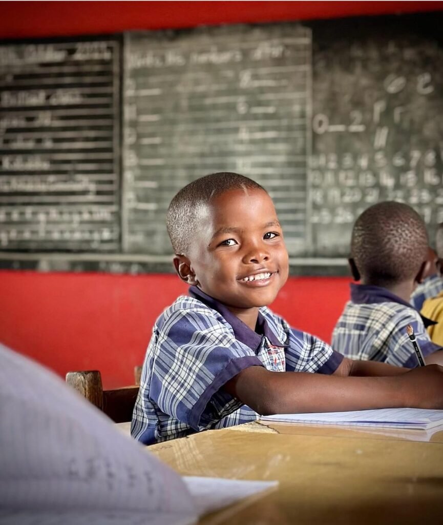 A young boy smiles while seated at a desk in a classroom at Kabubbu Primary School, holding a pencil and writing in a notebook.