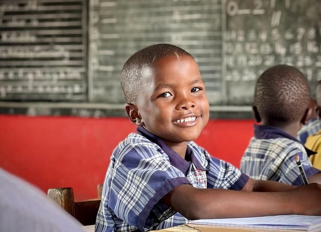 A young boy smiles while seated at a desk in a classroom at Kabubbu Primary School, holding a pencil and writing in a notebook.